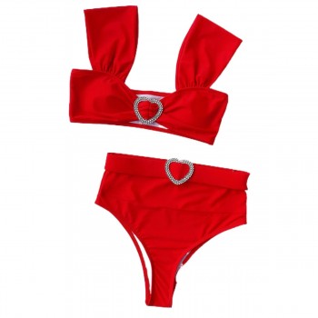 Rhinestone Heart Swimsuit Women Bikini High Waist Red Bikini Push Up Bodysuit Black 
